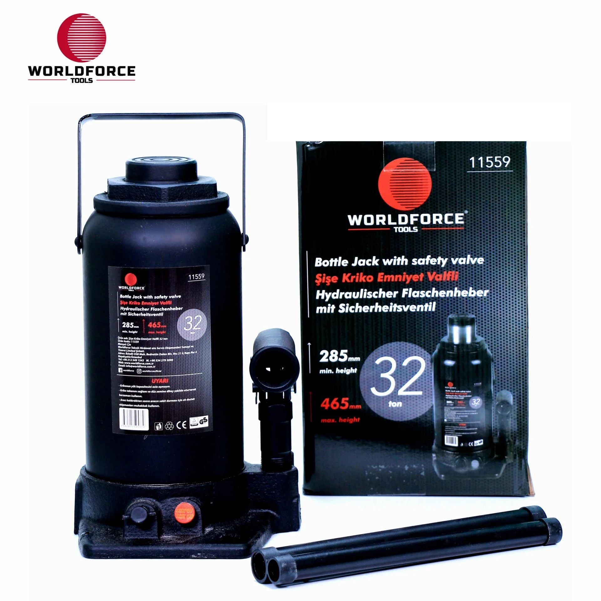 WORLDFORCE Hidrolik Şişe Kriko 32 Ton 285-465mm