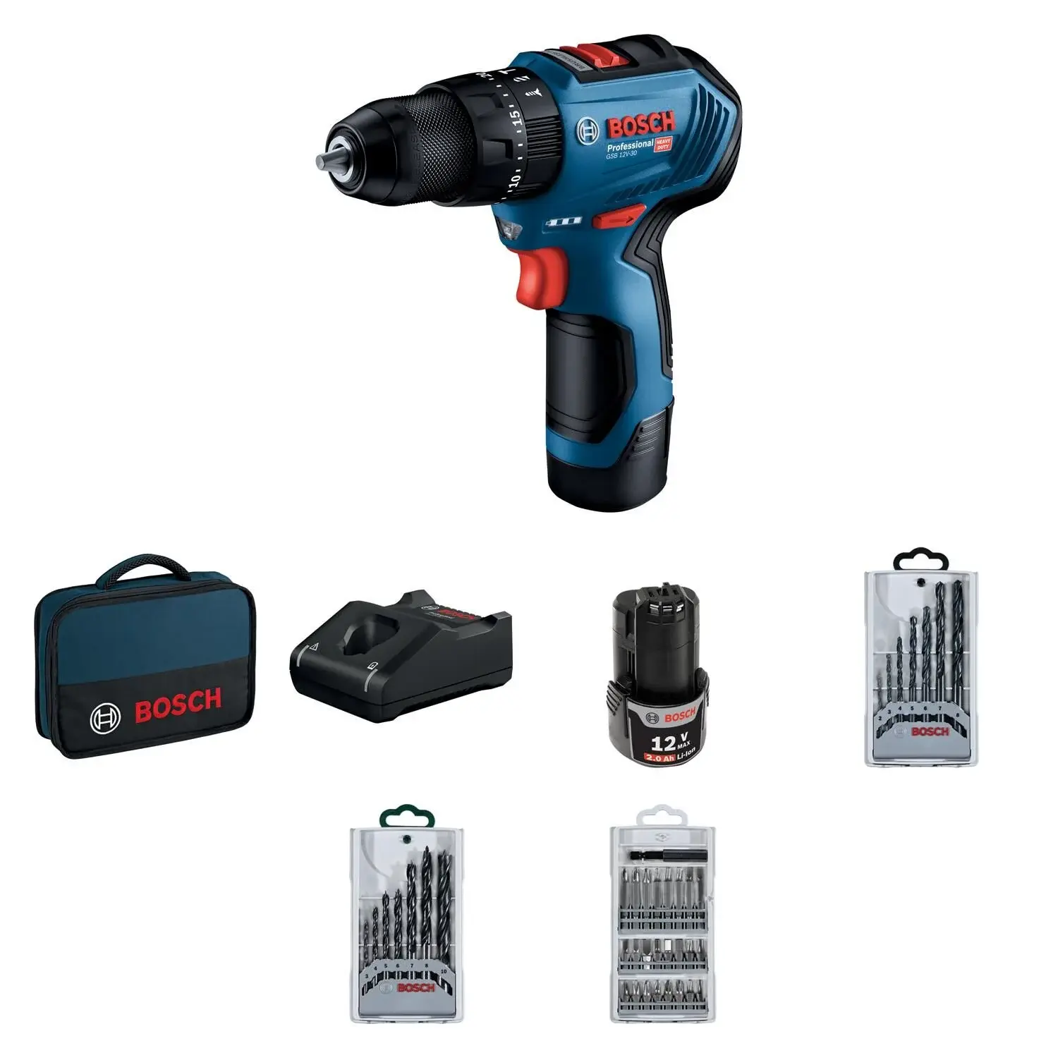 Bosch GSB 12V-30 12 V Çift Akülü Darbeli Vidalama Makinesi + 39 Parça Vidalama Set